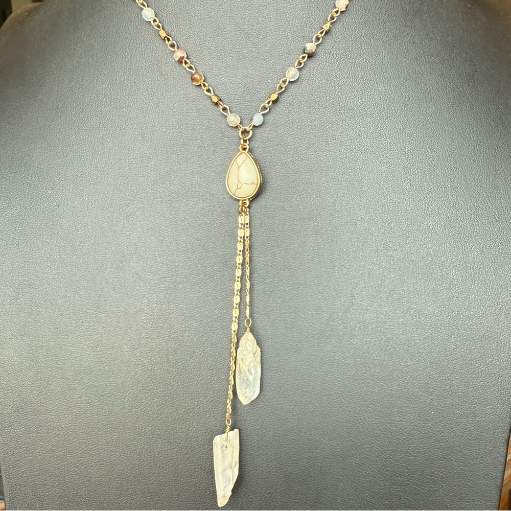 Clear Quartz Crystal Negligee Necklace Beaded Chain Y Drop Style 16-18”